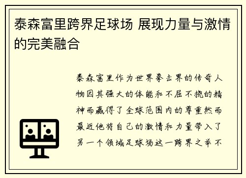 泰森富里跨界足球场 展现力量与激情的完美融合