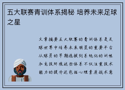 五大联赛青训体系揭秘 培养未来足球之星